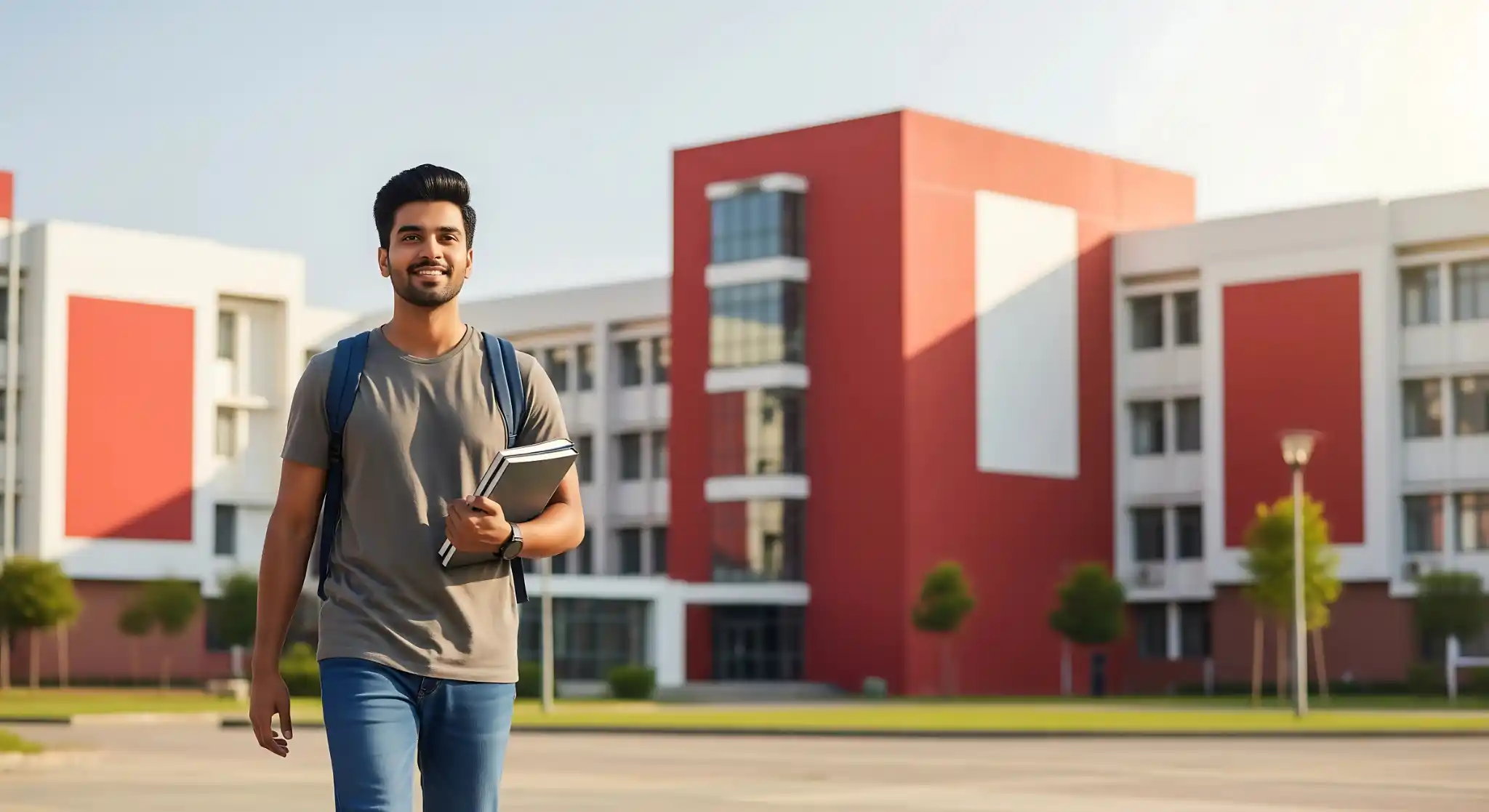 Student walking outside a modern educational campus building with books and backpack