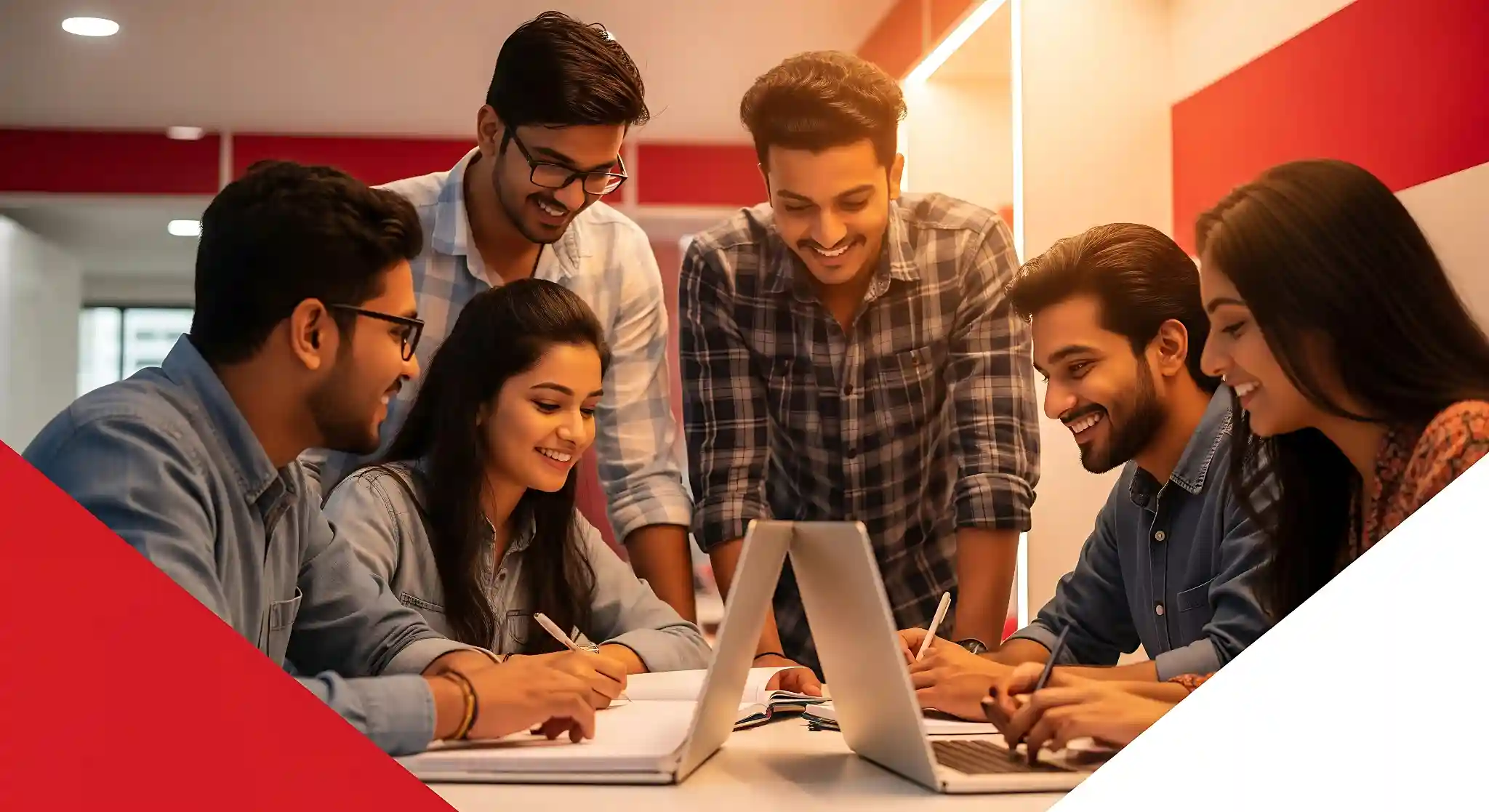 Students collaborating and studying together around a laptop in a classroom environment