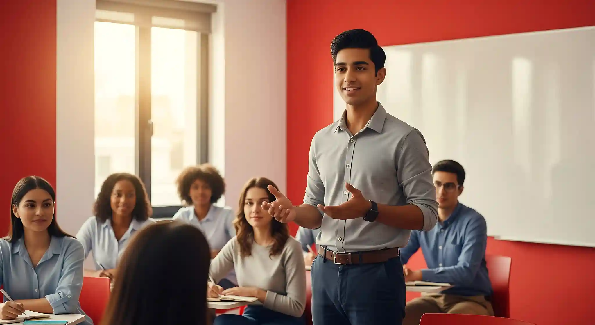 Confident student giving a presentation in front of classmates in a modern classroom