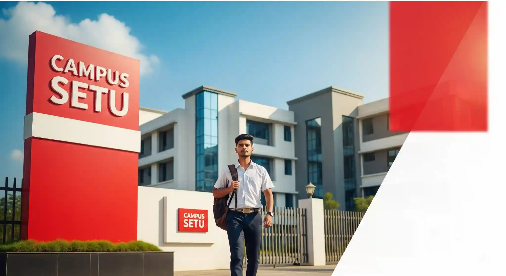Campus Setu entrance with student walking in and red institute signage prominently visible
